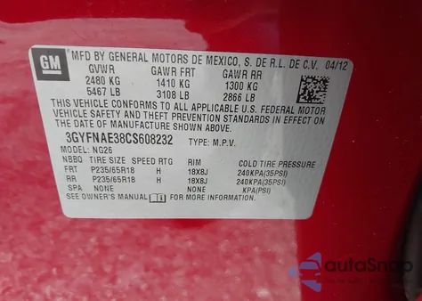 2012 Cadillac Srx Luxury Collection from USA, damaged, VIN 3GYFNAE38CS608232